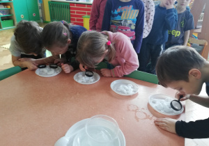 Dzieci badają śnieg używając lup.